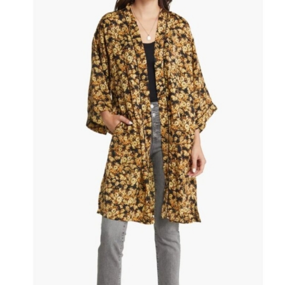 Treasure & Bond Floral Open-Front Kimono Duster In Black Bold Floral